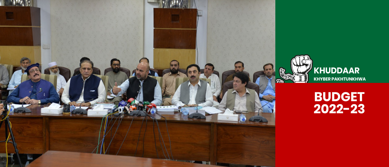 Provincial Minister for Finance Taimur Saleem Khan Jhagra addressing the Post Budget 2022-23 Press Conference